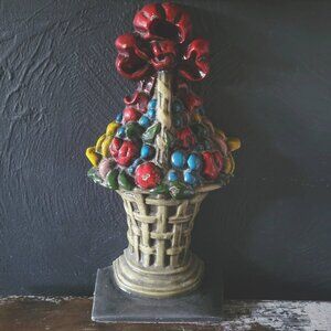 Vintage Basket Shaped Cast Metal Door Stop With Fruit Design